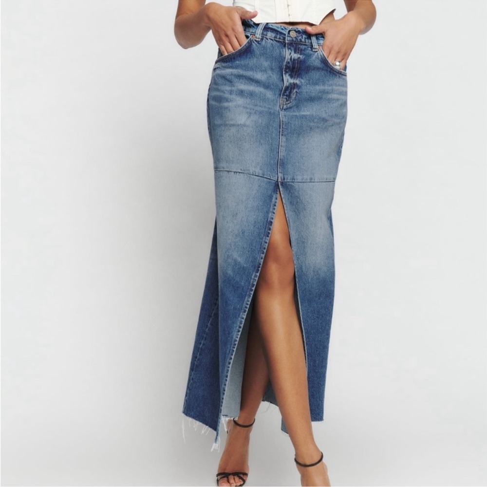 Reformation Medium Blue Denim Maxi Skirt with Center Slit